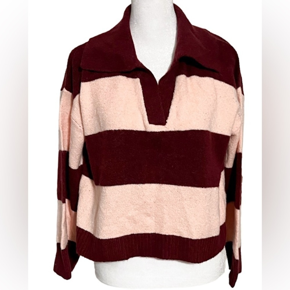 Wild Fable Maroon & Pink Striped Slouchy Collared Pullover Sweater Women’s Sz S - Picture 2 of 12